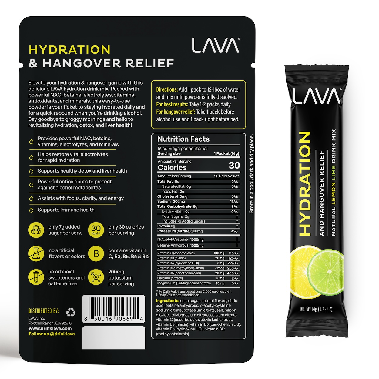 Lava electrolyte hydration powder drink mix, hangover aid, morning recovery, lemon lime