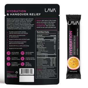 Lava electrolyte hydration powder drink mix, hangover aid, morning recovery, low sugar, natural, vitamins, passion fruit