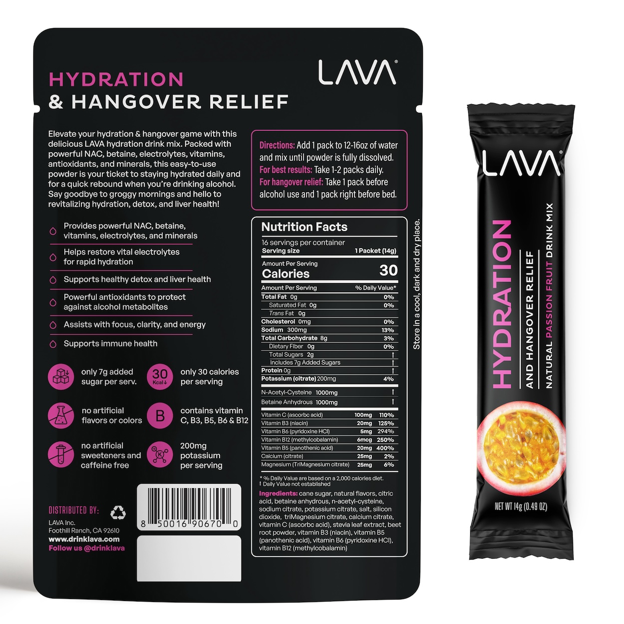 Lava electrolyte hydration powder drink mix, hangover aid, morning recovery, low sugar, natural, vitamins, passion fruit