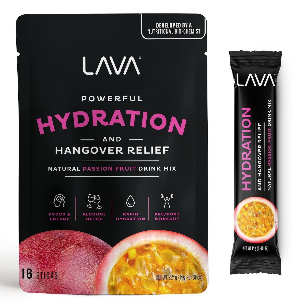 Lava electrolyte hydration powder drink mix, hangover aid, morning recovery, low sugar, natural, vitamins, passion fruit