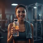 beautiful female after working out drinking water infused with dehydrated lime wheel