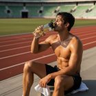 male athlete drinking water infused with dehydrated lemon wheel slices