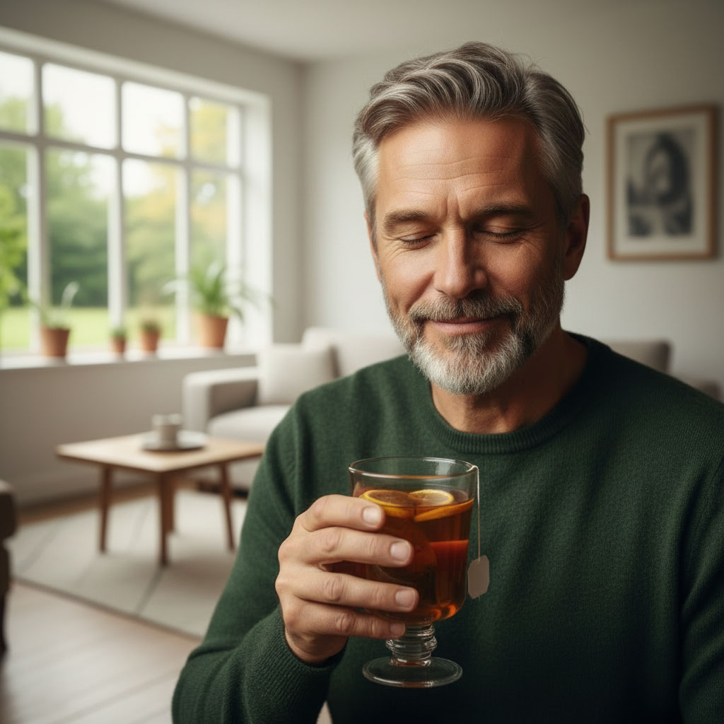 man drinking tea infused with dehydrated lemons
